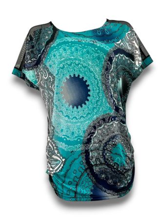 AB02177 - Teal Mandala Print Sheer Sleeve Top
