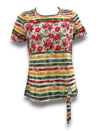 SC03240 - Floral Stripe Tie Hem Top