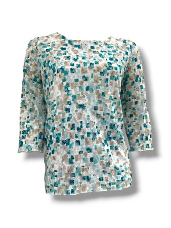 SC03350 - Teal & Beige Abstract Print 3/4 Sleeve Top