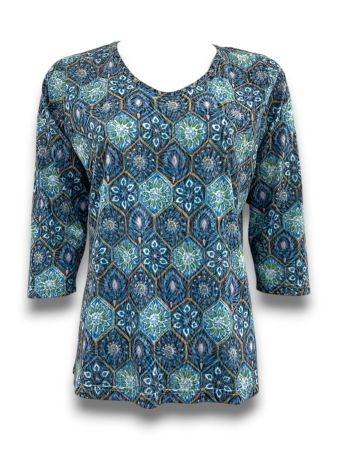 SC05009 - Women's 3/4 Sleeve Geometric Tile Print Top